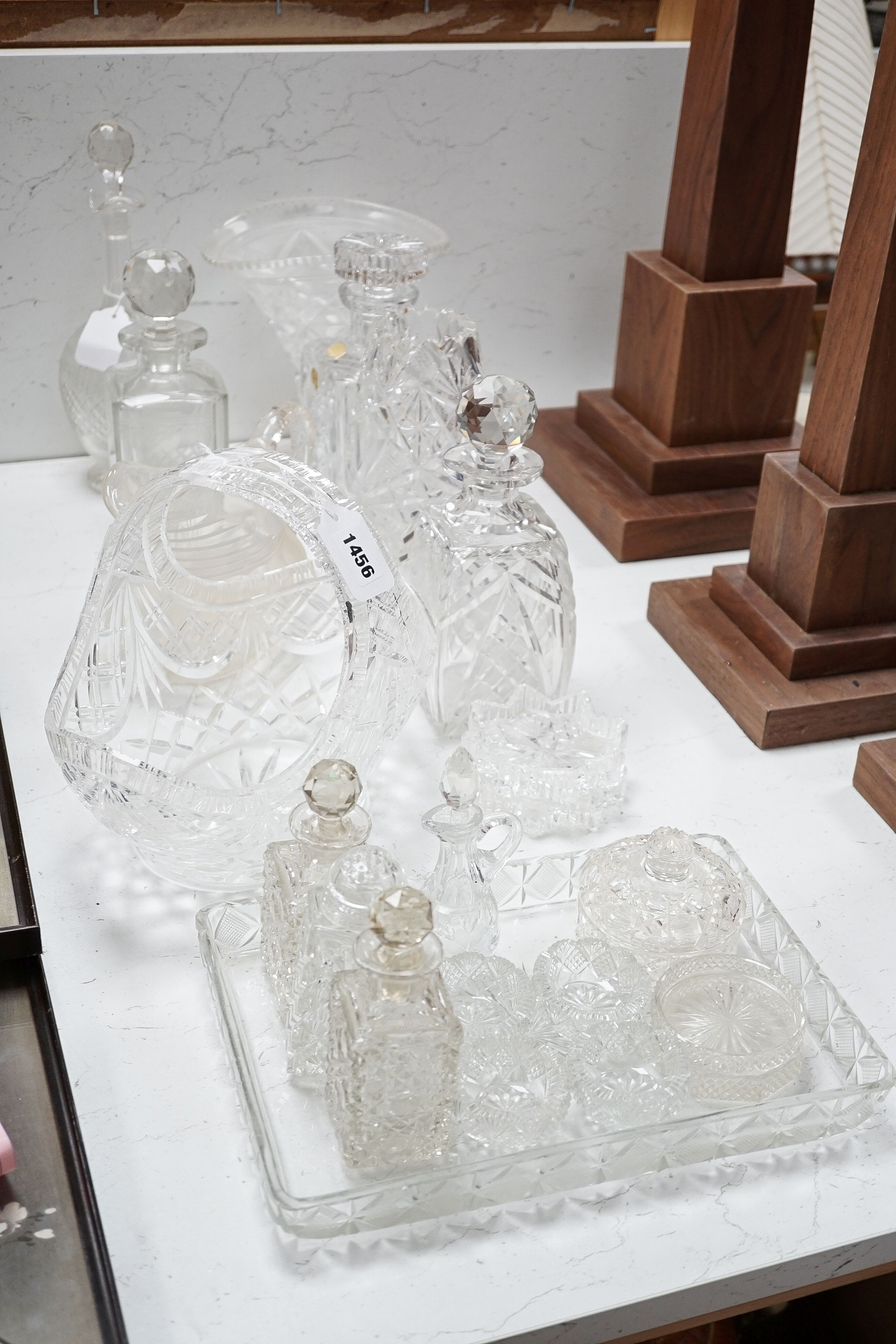 Four cut glass decanters and sundry glassware